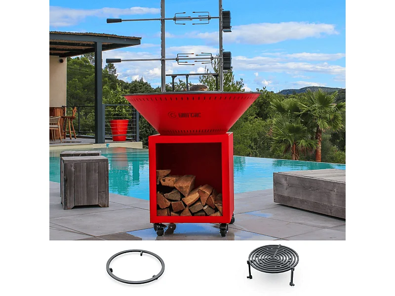 Pack Découverte Brasero CLASSIQUE Double Cuve Acier Thermolaqué 103x90 cm - Rouge - Un ensemble tout en un pour cuisiner et se rassembler autour du feu