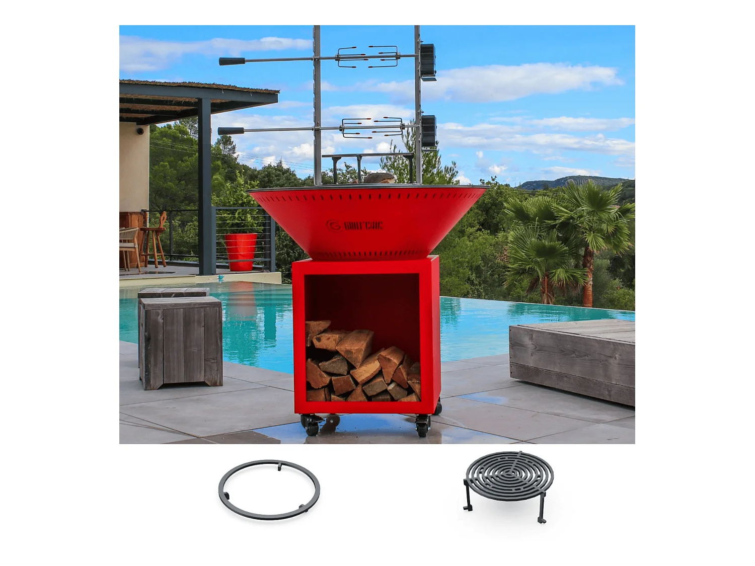 Pack Découverte Brasero CLASSIQUE Double Cuve Acier Thermolaqué 103x90 cm - Rouge - Un ensemble tout en un pour cuisiner et se rassembler autour du feu