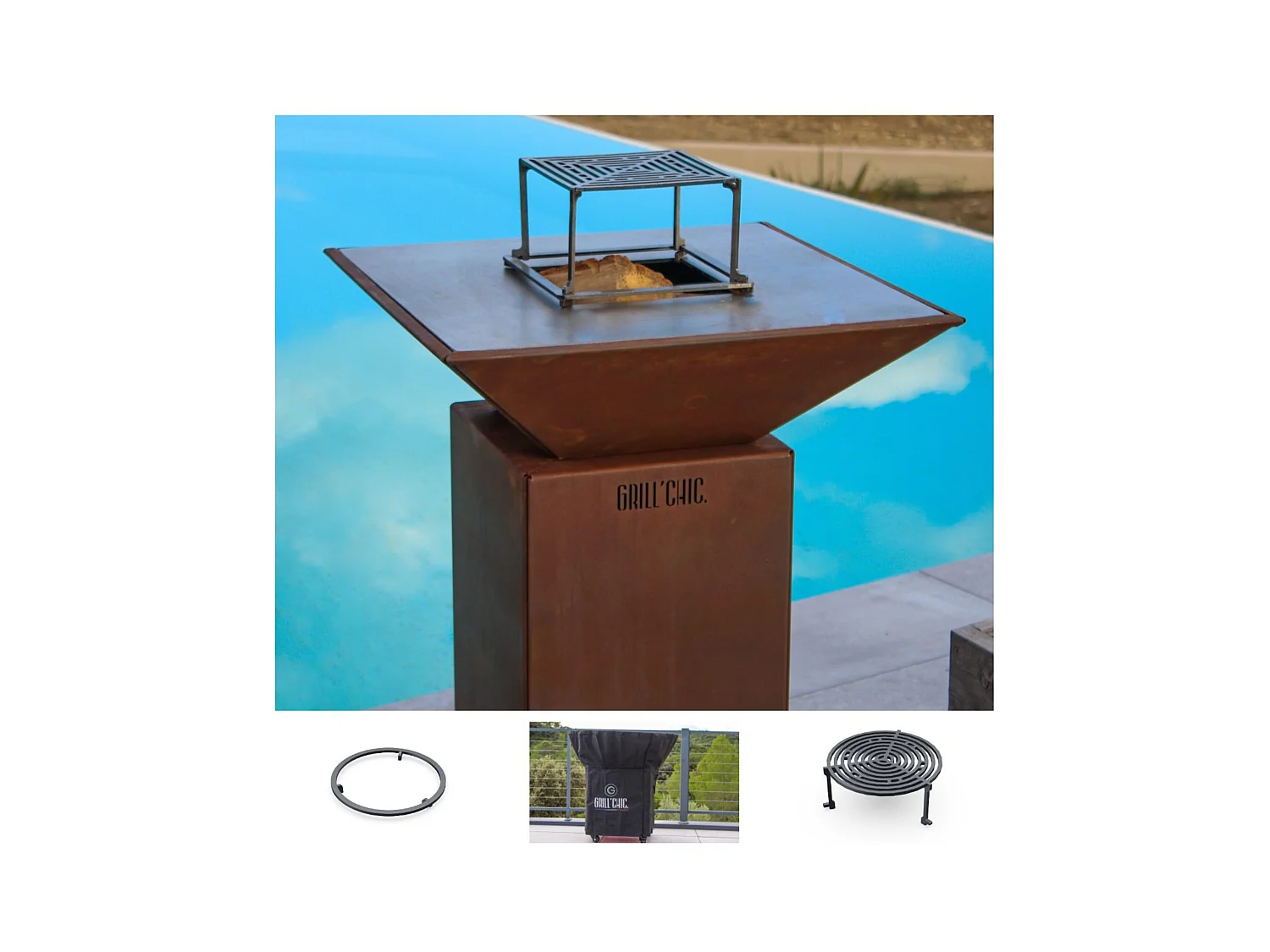 Pack Printemps Brasero Plancha Barbecue Auvergnat Corten Simple Cuve Carré 62x62x76 cm - Sans rangement bois - Un brasero carré au style authentique et chaleureux