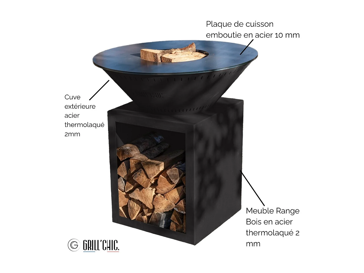 Braséro CLASSIQUE Double Cuve Acier 83x90cm - Noir - Sobre et puissant, parfait pour profiter de la chaleur du feu en toute simplicité