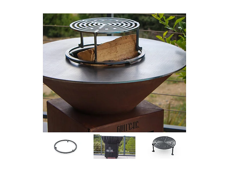 Pack Printemps Brasero Plancha Barbecue Auvergnat Rond Corten Simple Cuve 62x76cm - Sans rangement bois - Un brasero rond au style naturel et chaleureux pour vos