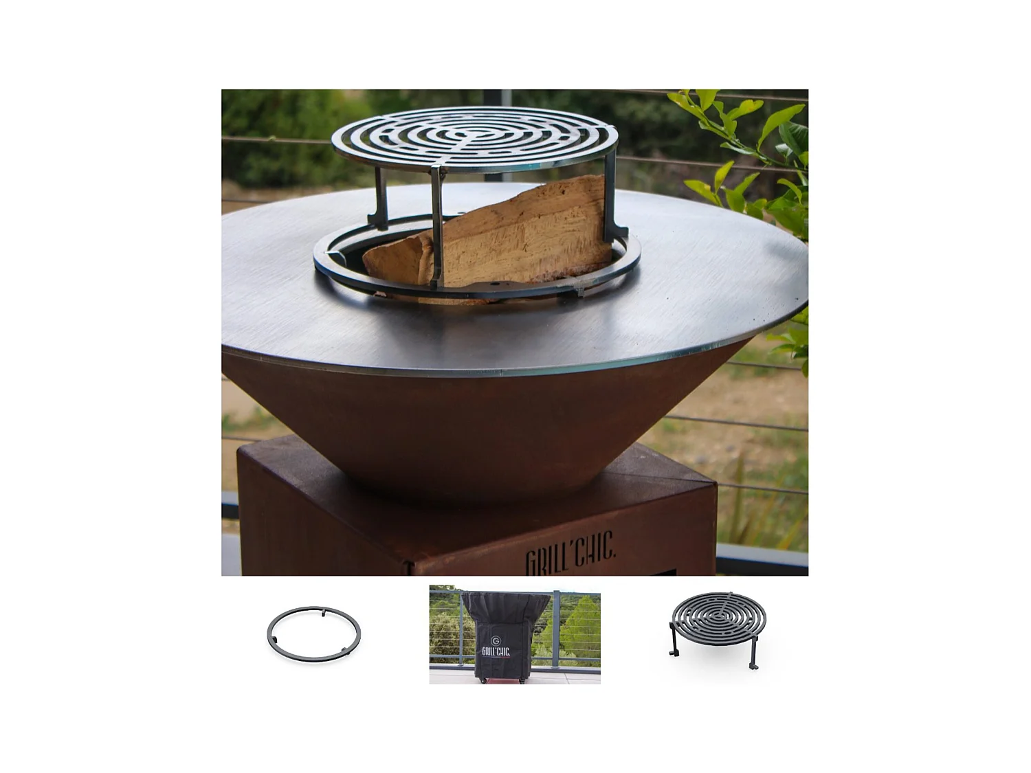 Pack Printemps Brasero Plancha Barbecue Auvergnat Rond Corten Simple Cuve 62x76cm - Sans rangement bois - Un brasero rond au style naturel et chaleureux pour vos