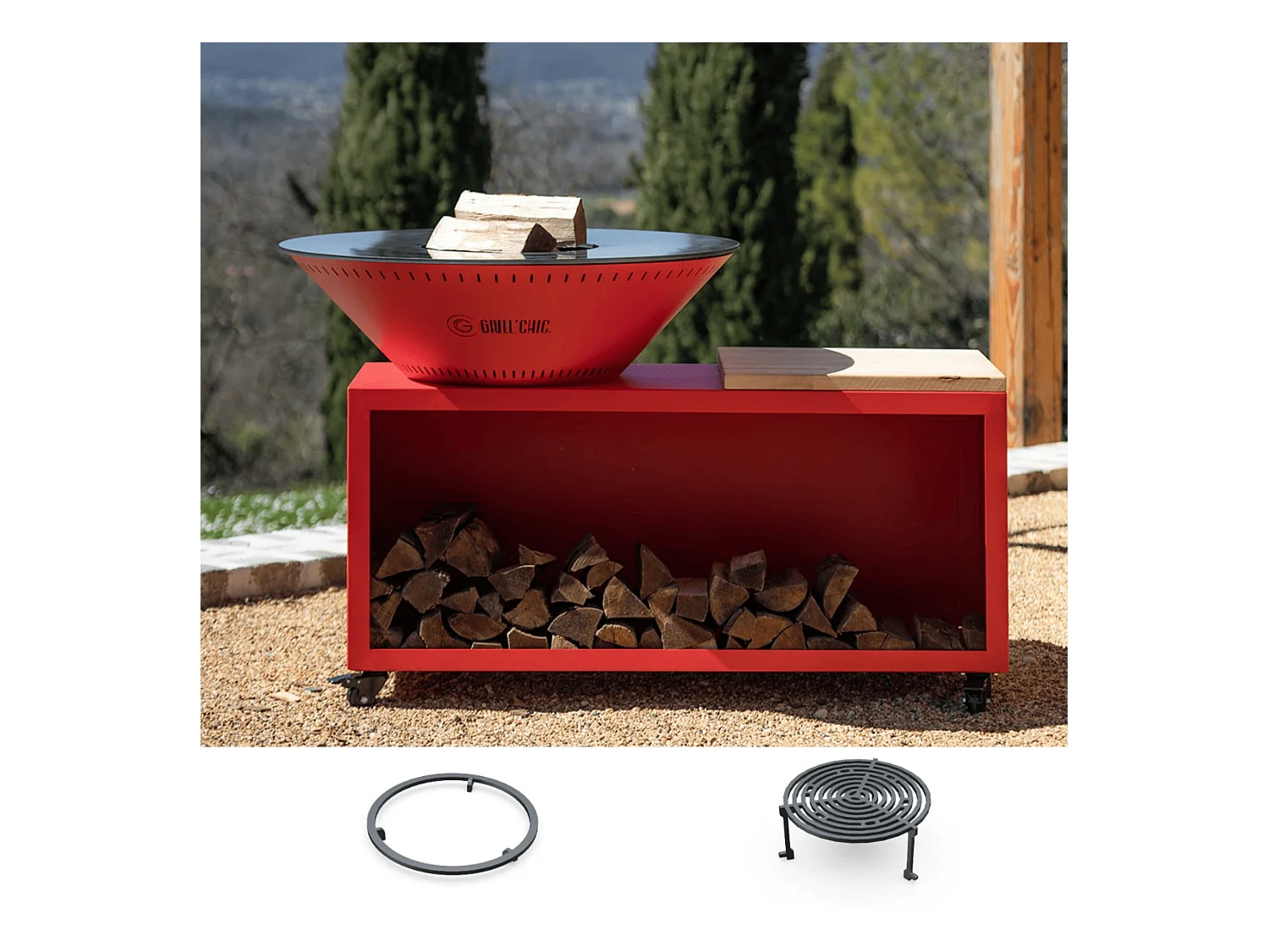 Pack Découverte Brasero TRADITIONNEL Double Cuve Acier Thermolaqué 103x90 cm - Rouge - Un brasero traditionnel au design chaleureux pour vos repas en extérieur