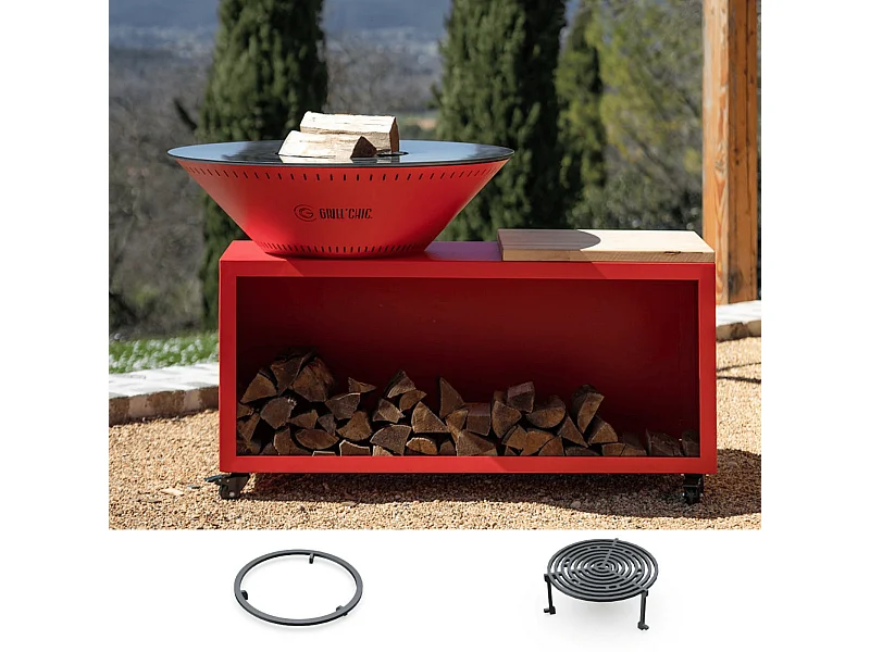 Pack Découverte Brasero TRADITIONNEL Double Cuve Acier Thermolaqué 103x90 cm - Rouge - Un brasero traditionnel au design chaleureux pour vos repas en extérieur