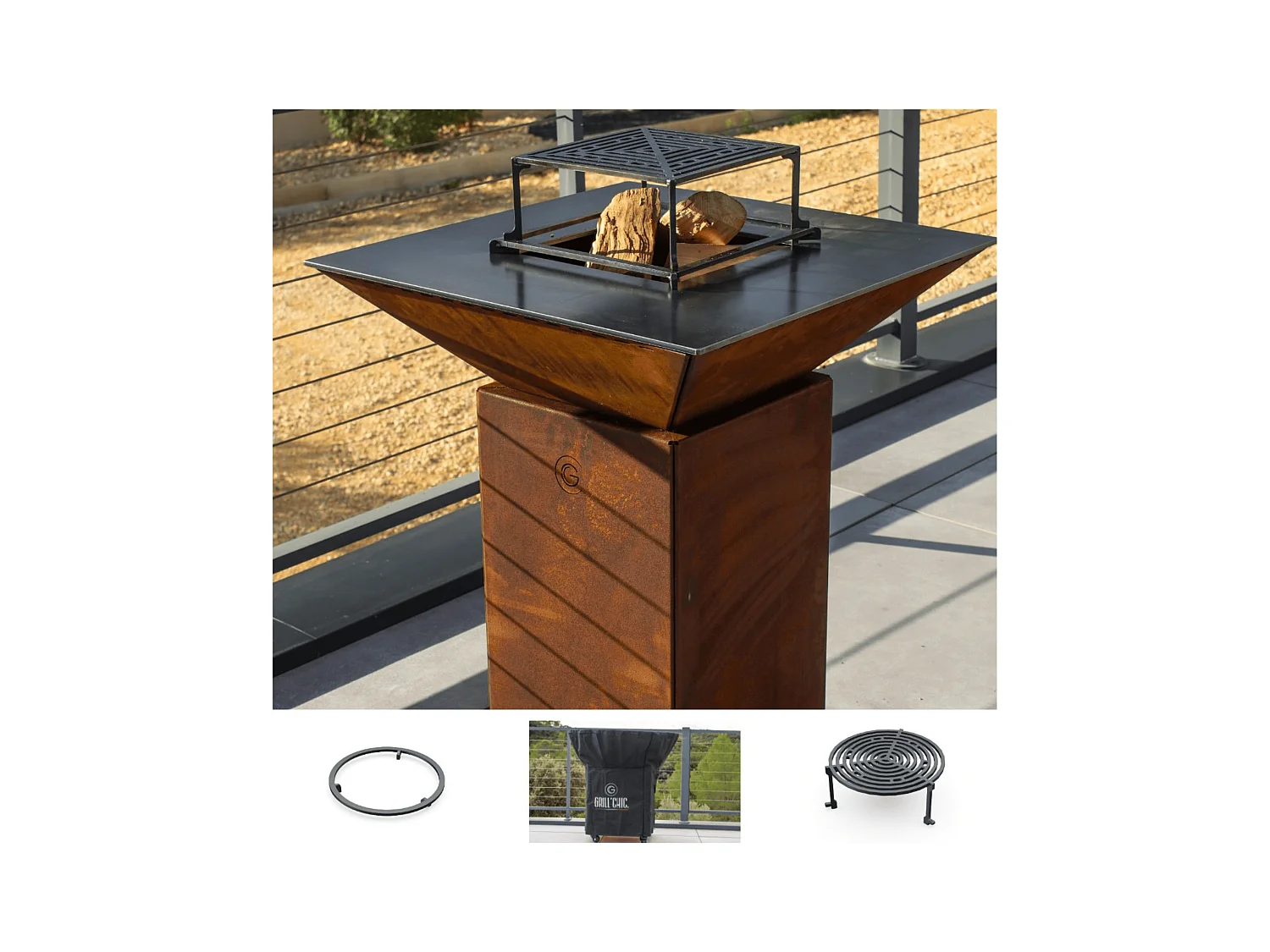 Pack Brasero Printemps  CEVENOL Simple Cuve Acier Corten 74x90cm - Sans rangement bois - Un brasero carré au style authentique et naturel pour vos soirées en plein