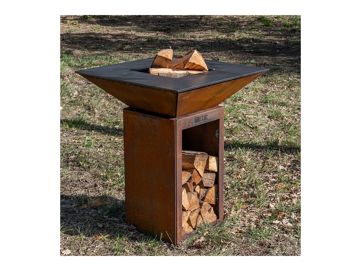 Pack Brasero Printemps  CEVENOL Simple Cuve Acier Corten 74x90cm - Sans rangement bois - Un brasero carré au style authentique et naturel pour vos soirées en plein