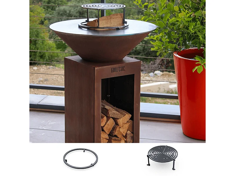 Pack Découverte Brasero CEVENOL Simple Cuve Corten Rond 74x90 cm - Avec rangement bois - Un brasero rond au style naturel pour une cuisine extérieure conviviale et