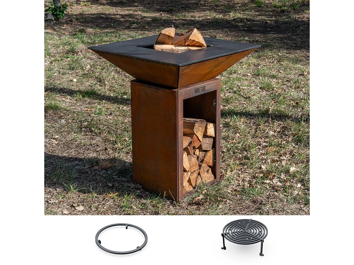 Pack Découverte Brasero CEVENOL Simple Cuve Corten Rond 74x90 cm - Avec rangement bois - Un brasero rond au style naturel pour une cuisine extérieure conviviale et