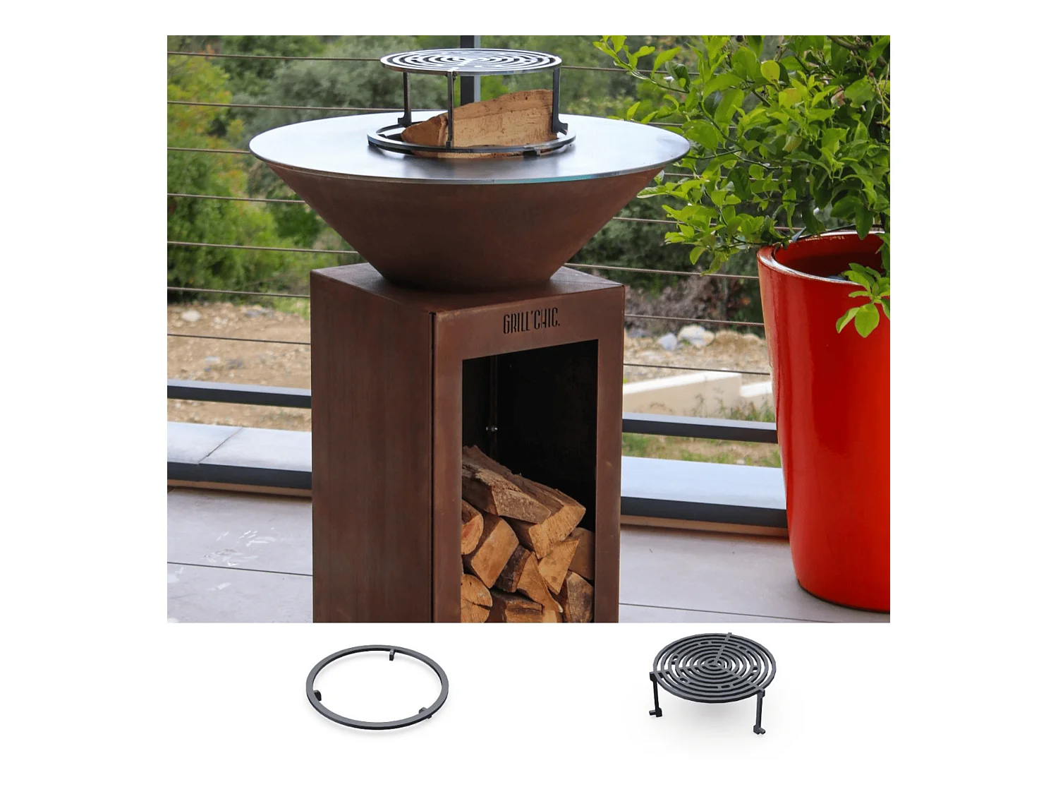 Pack Découverte Brasero CEVENOL Simple Cuve Corten Rond 74x90 cm - Avec rangement bois - Un brasero rond au style naturel pour une cuisine extérieure conviviale et