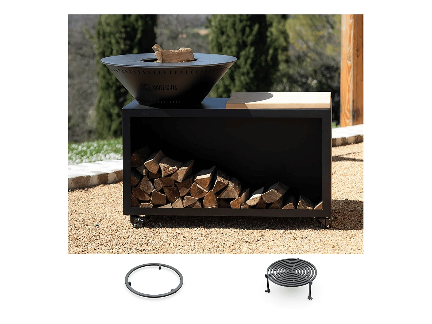 Pack Découverte Brasero TRADITIONNEL Double Cuve Acier Thermolaqué 83x90 cm - Noir - Un brasero compact et élégant pour sublimer vos repas en plein air