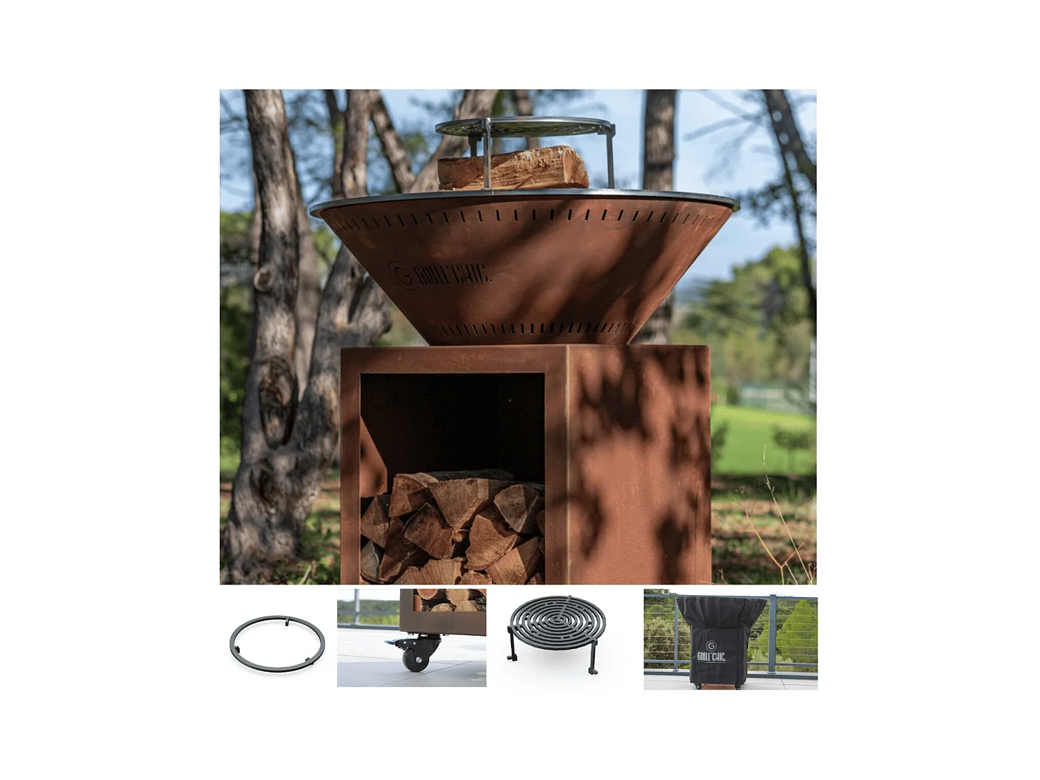 Pack Brasero Printemps CLASSIQUE Double Cuve Acier Corten 103x90cm - Un style brut et contemporain pour des repas feu de bois généreux