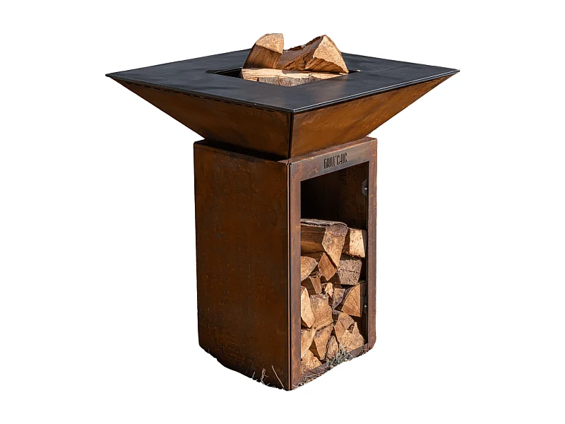 CEVENOL  Brasero Simple Cuve Corten Carré - Avec rangement bois - Modèle élégant et pratique pour un extérieur bien organisé