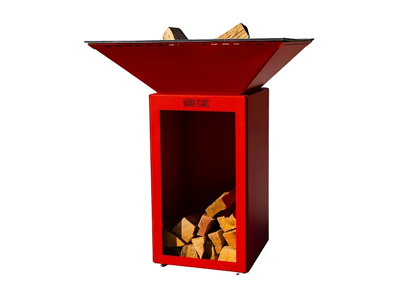 Braséro CEVENOL Double Cuve Acier Thermolaqué Rouge - Avec rangement bois - Design moderne et pratique avec rangement intégré