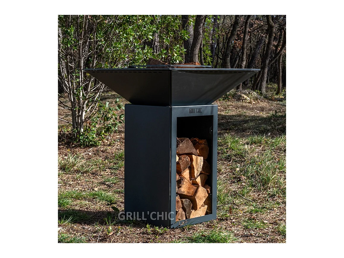 CEVENOL Brasero Plancha Barbecue Double Cuve Acier Thermolaqué - Avec rangement bois - Noir - Design épuré et pratique