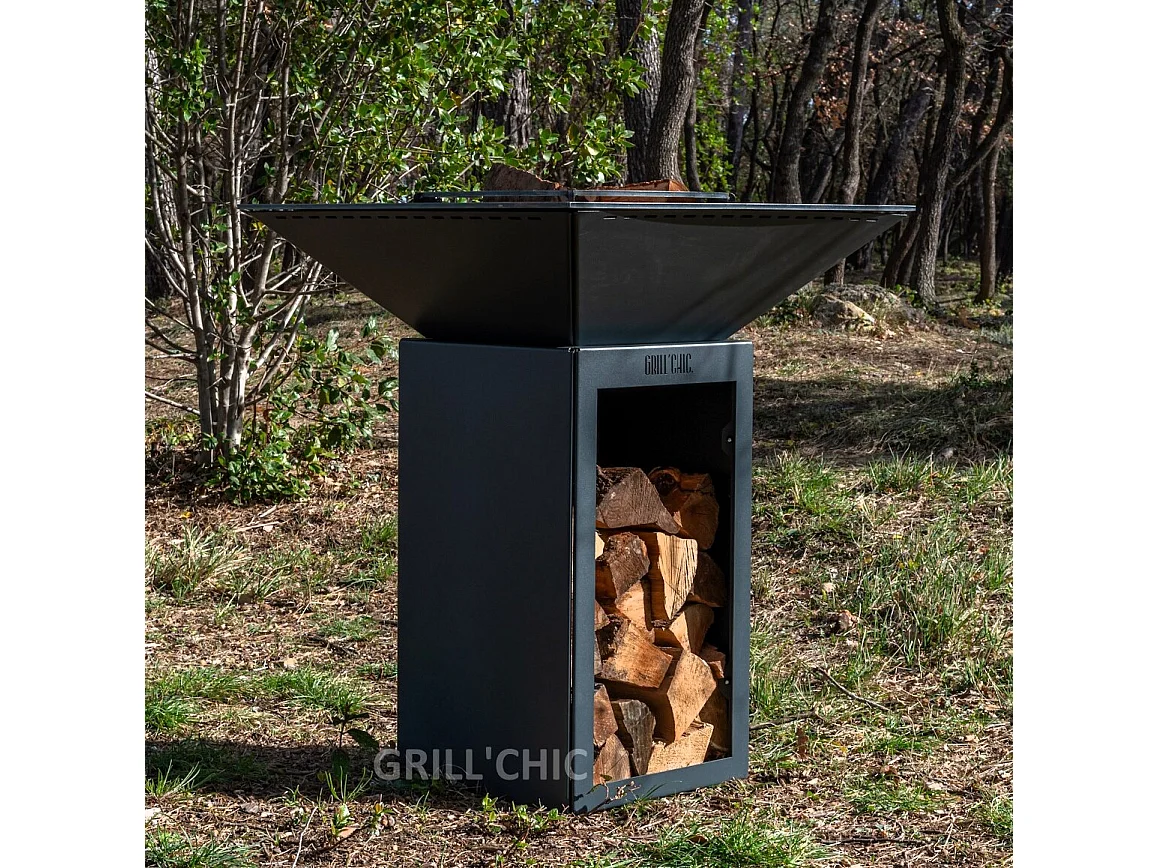 CEVENOL Brasero Plancha Barbecue Double Cuve Acier Thermolaqué - Avec rangement bois - Noir - Design épuré et pratique