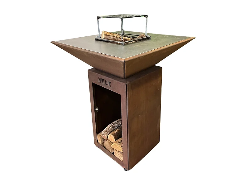 AUVERGNAT Brasero Simple Cuve Corten Carré -  Avec rangement bois - Design pratique et élégant pour vos soirées en extérieur