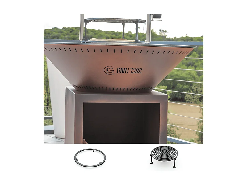 Pack Découverte Brasero CLASSIQUE Double Cuve Acier Thermolaqué 83x90cm - Effet Corten - Un style chaleureux pour cuisiner au feu de bois dans un espace compact