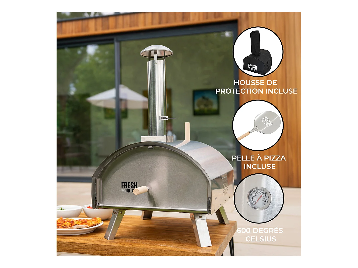 Forno da tavolo per pizza all'aperto 35cm in Acciaio Inox Extra Large Alimentazione a Legno Carbone Pellets