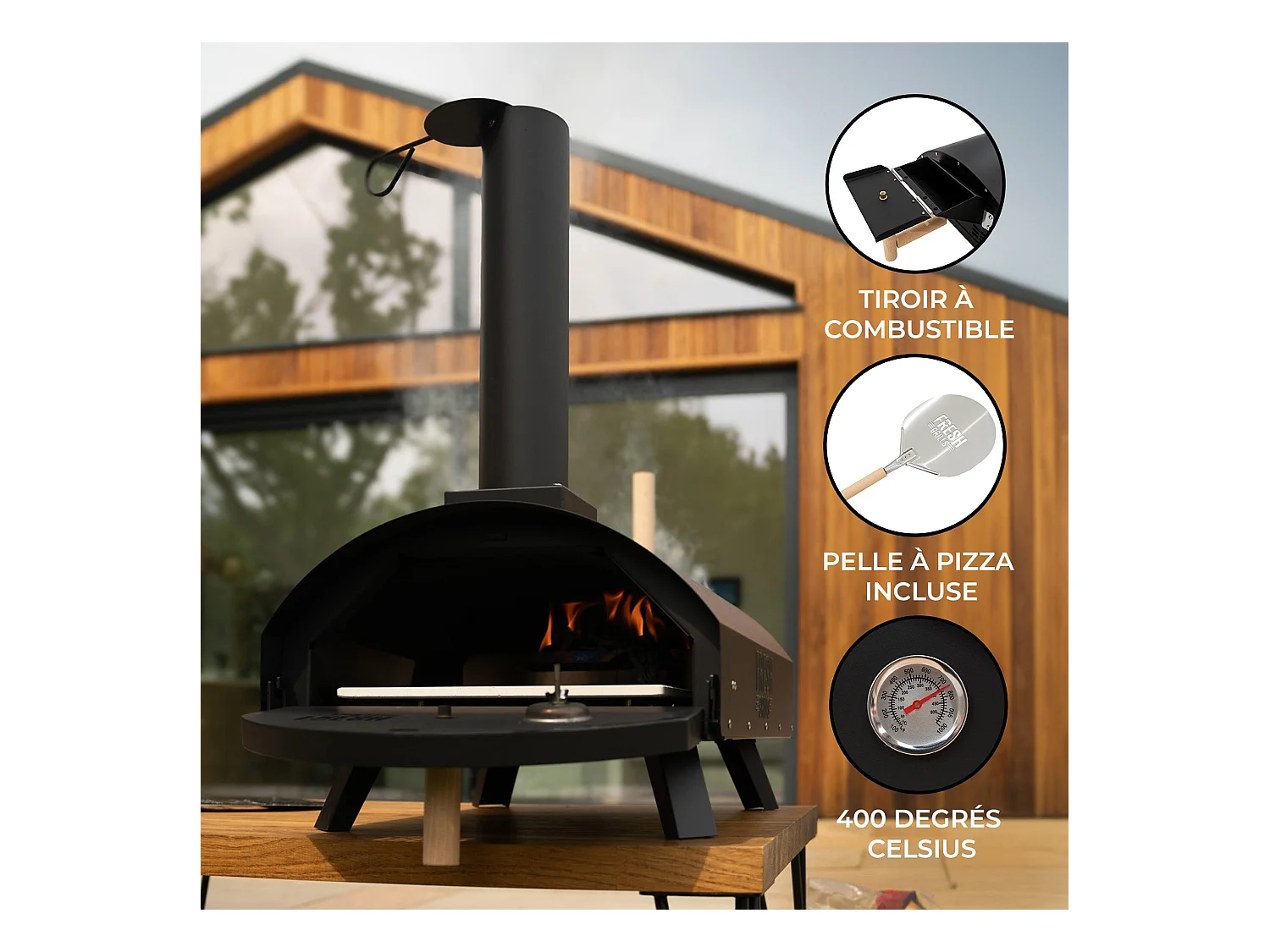 Forno da tavolo per pizza all'aperto 30cm in acciaio nero portatile a carbonella di legno BBQ