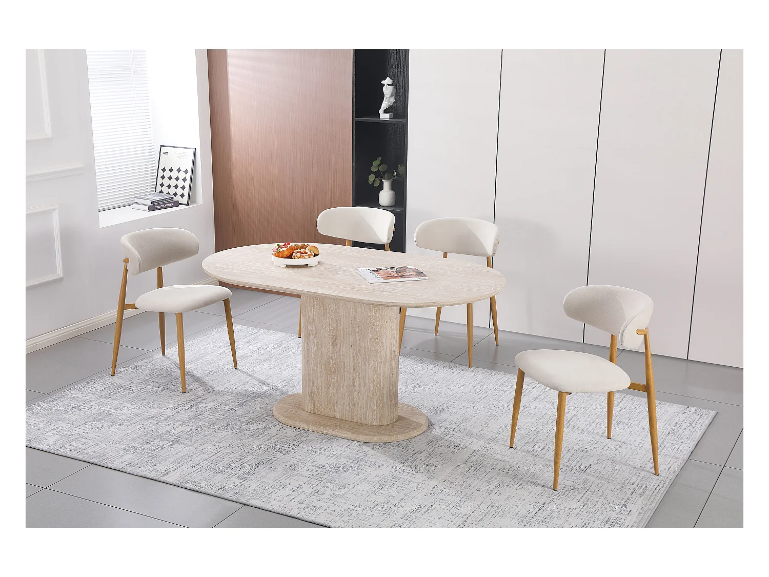 Ovale eettafel 4 tot 6 personen – Travertin beige look – MDF hout – LISE