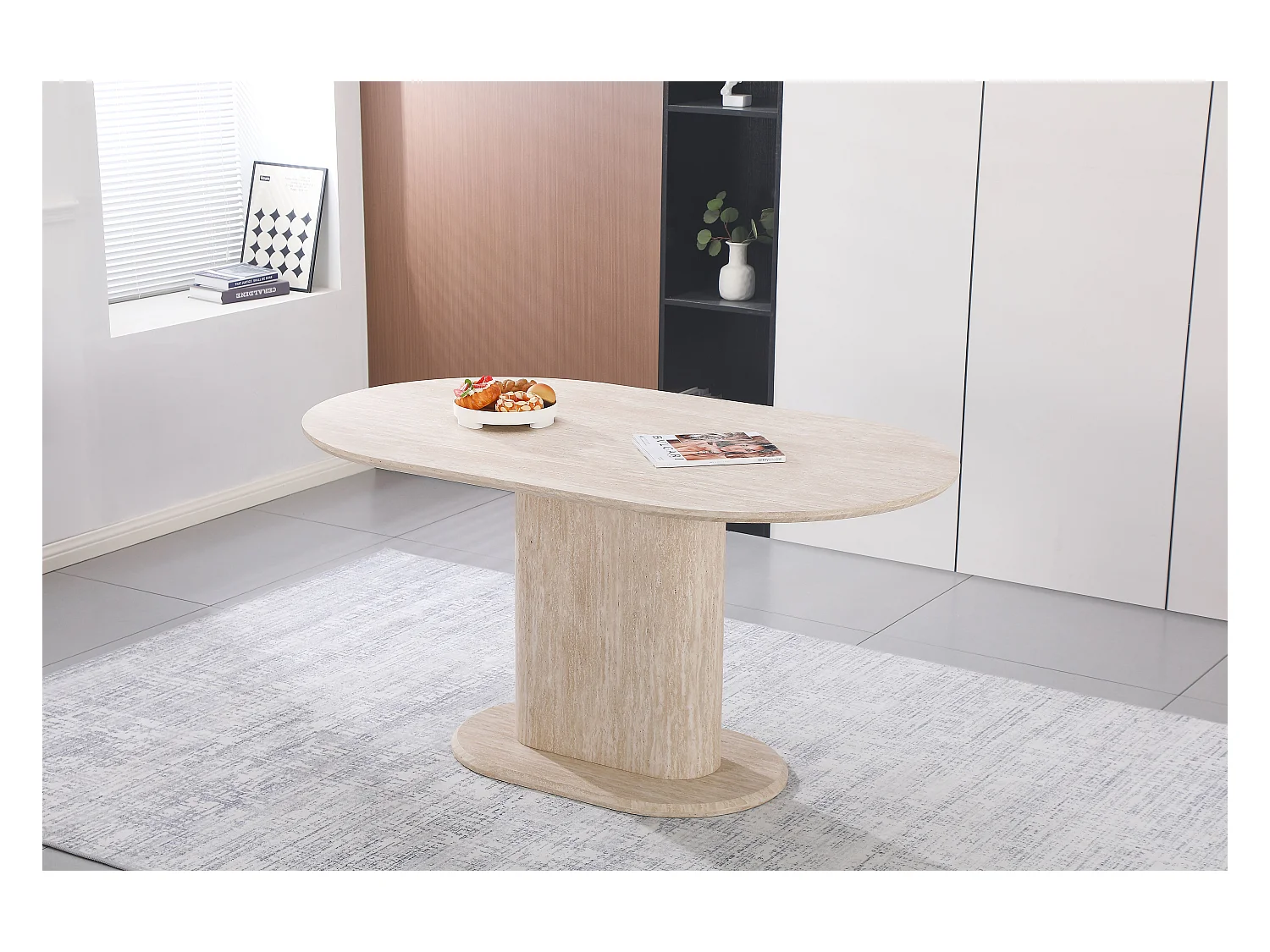 Table à manger ovale 4 à 6 personnes - Effet travertin beige - Bois MDF - LISE