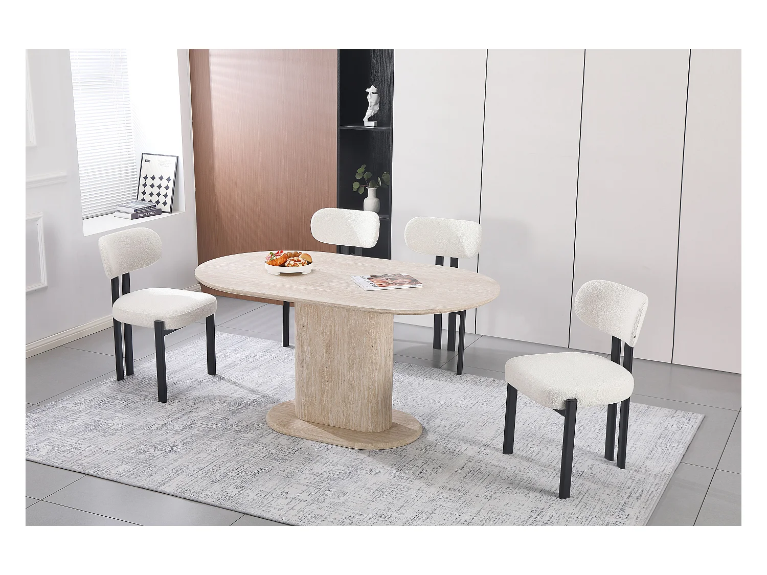 Table à manger ovale 4 à 6 personnes - Effet travertin beige - Bois MDF - LISE