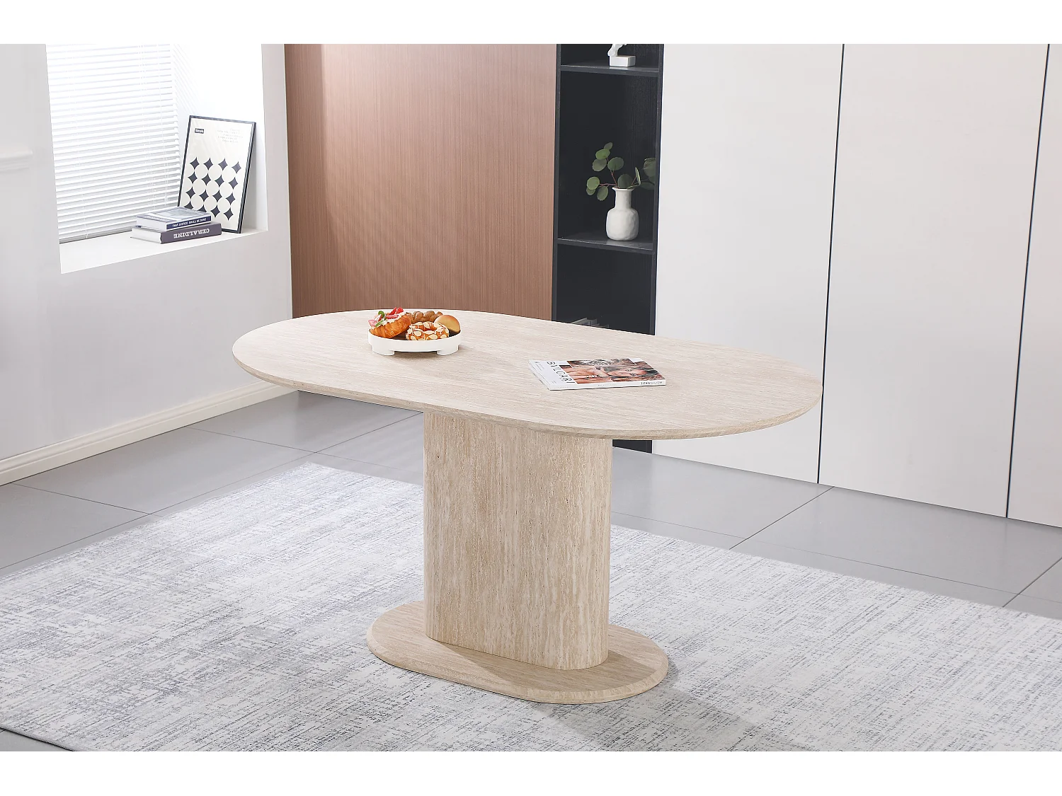 Table à manger ovale 4 à 6 personnes - Effet travertin beige - Bois MDF - LISE