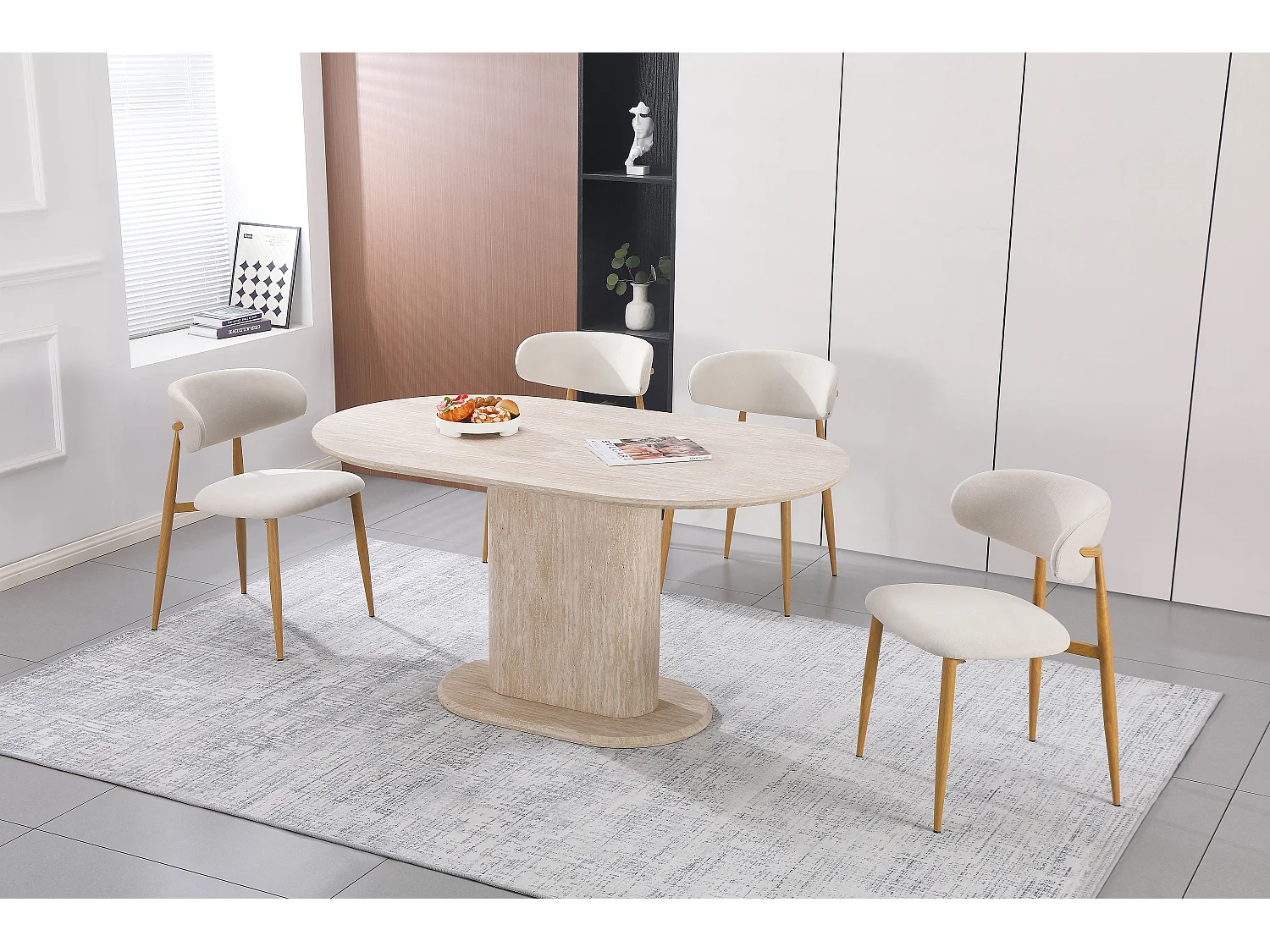 Table à manger ovale 4 à 6 personnes - Effet travertin beige - Bois MDF - LISE