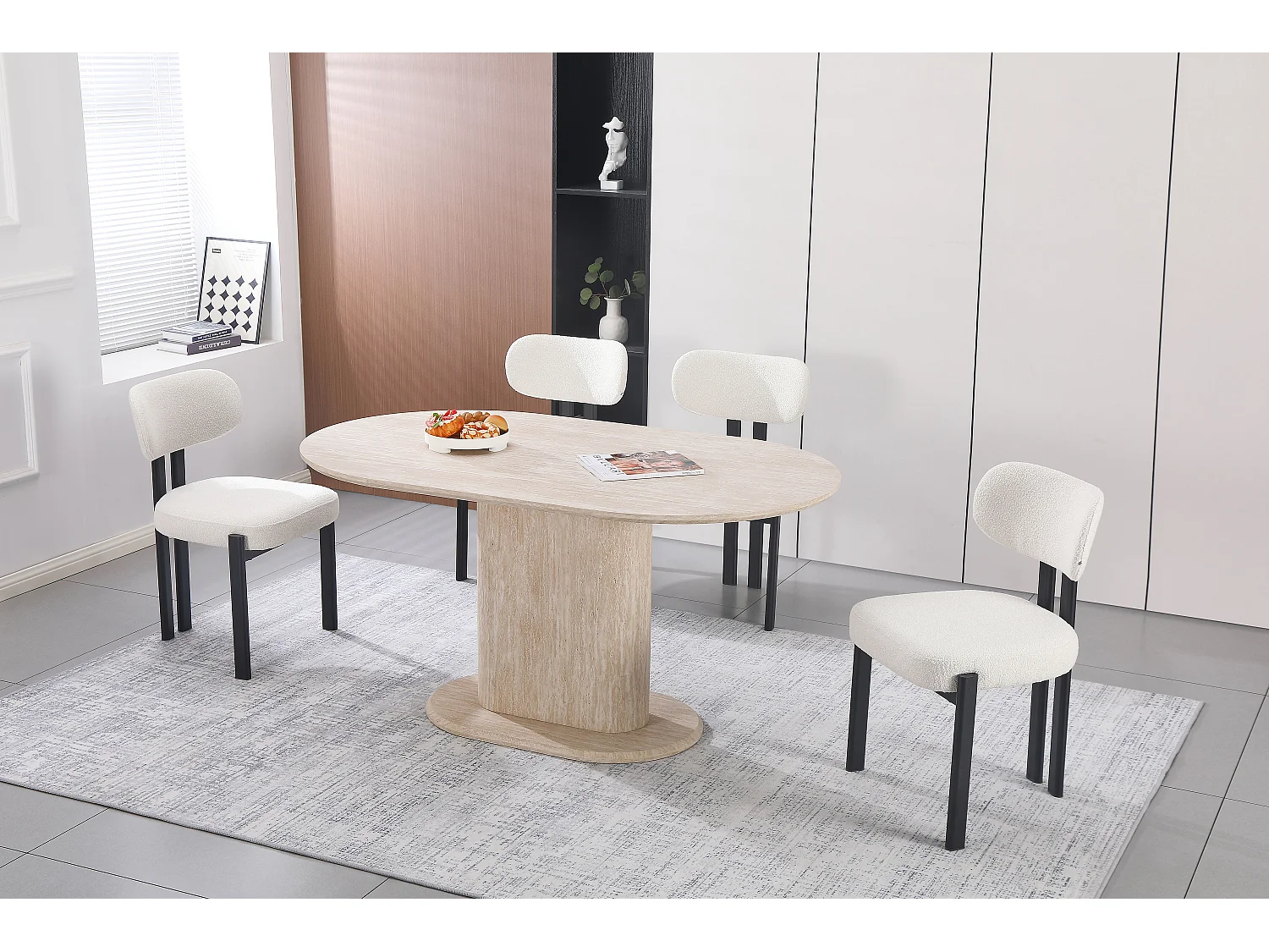 Table à manger ovale 4 à 6 personnes - Effet travertin beige - Bois MDF - LISE