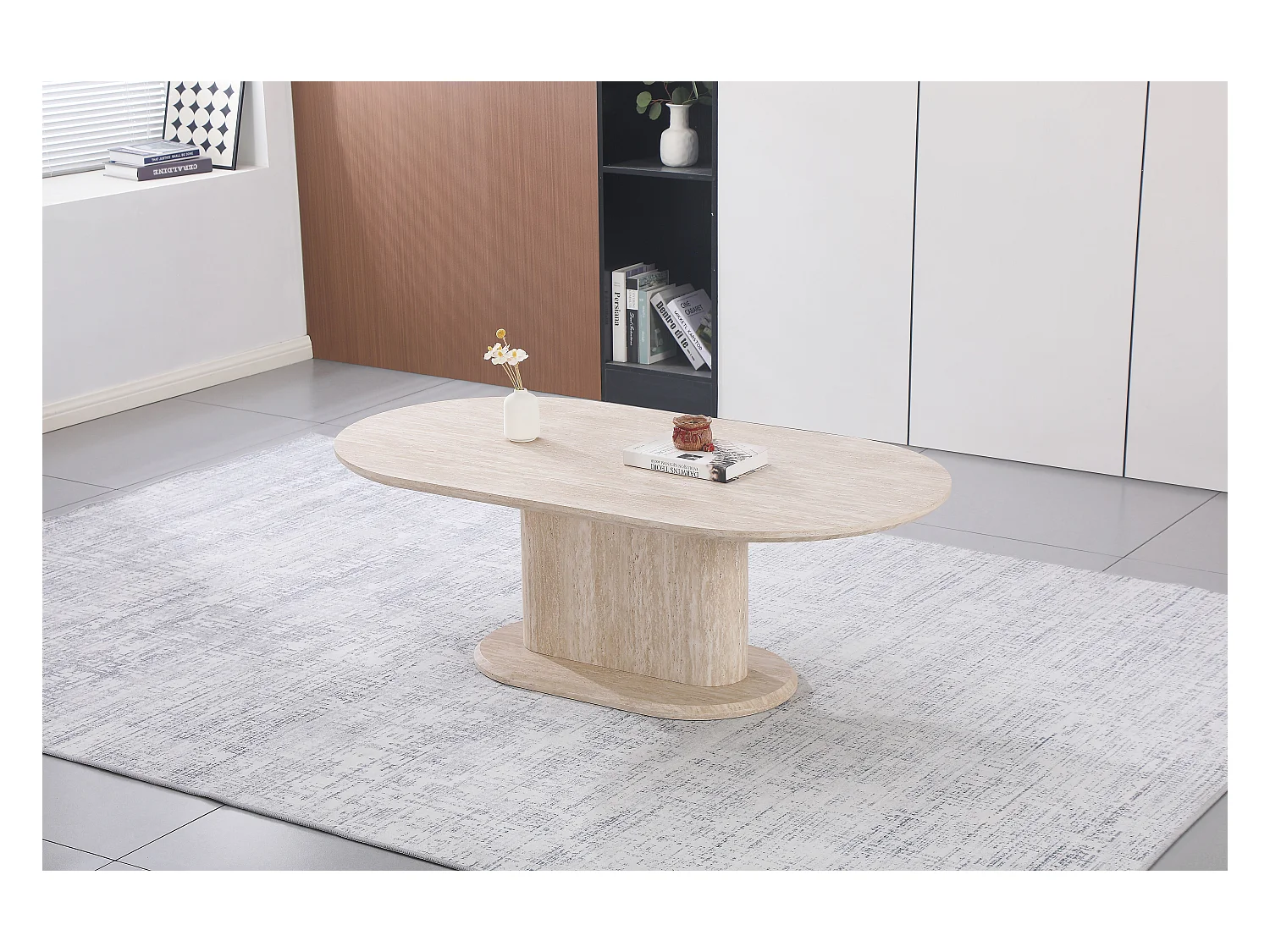Table basse ovale - Effet travertin beige - Bois MDF - LISE