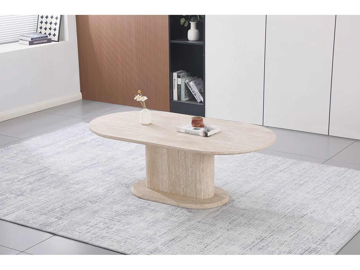 Table basse ovale - Effet travertin beige - Bois MDF - LISE