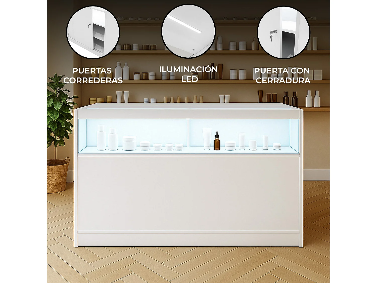 Comptoir de Vente Blanc LED Intégrés B1500 Portes Coulissantes [2 Clés INCLUS]