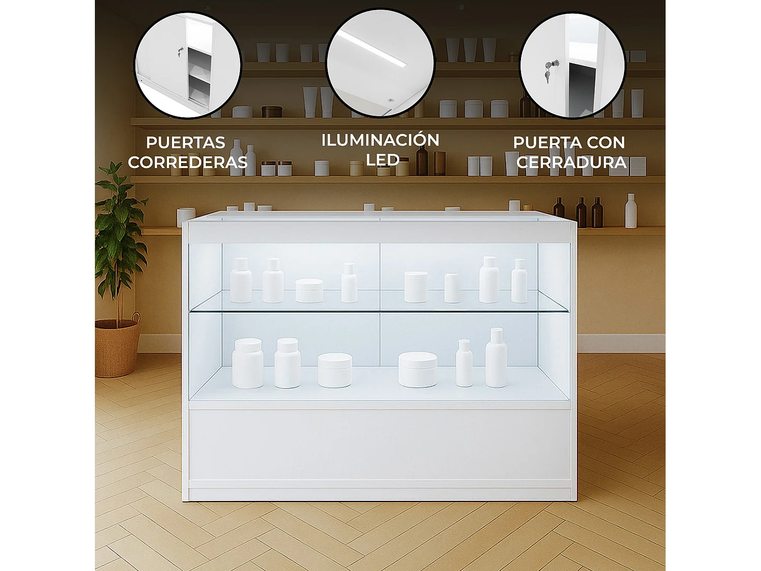 Comptoir de Vente Blanc LED Intégrés C1200 Portes Coulissantes [2 Clés INCLUS]