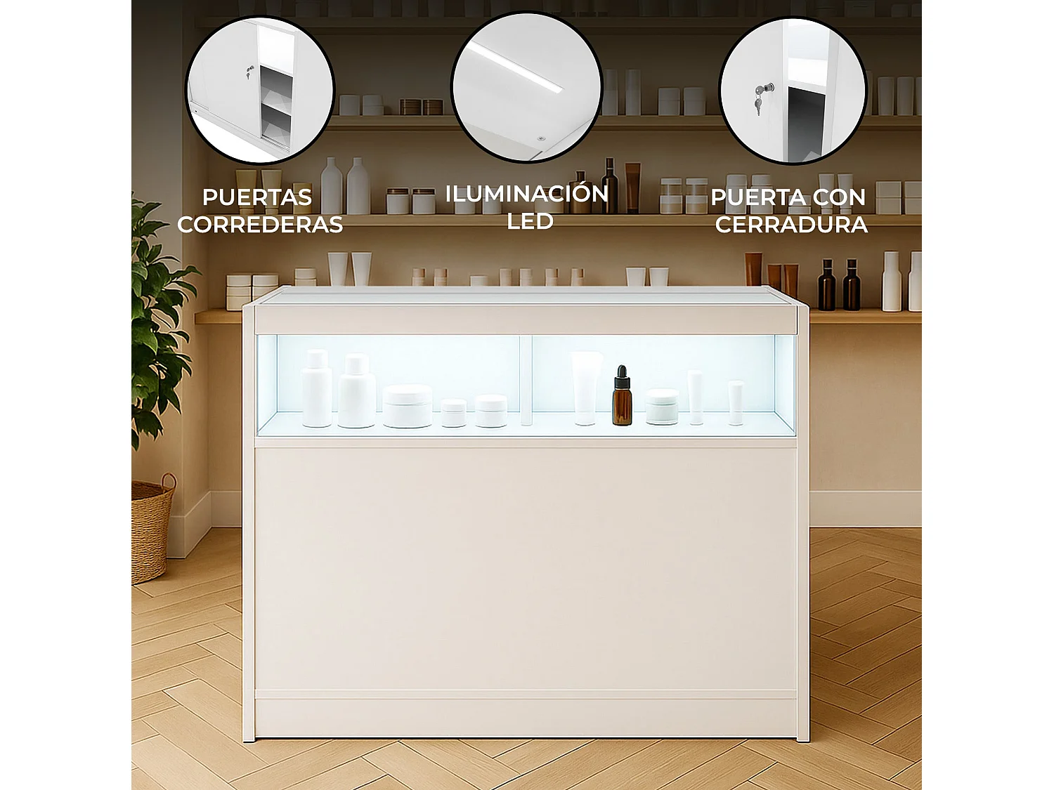 Comptoir de Vente Blanc LED Intégrés B1200 Portes Coulissantes [2 Clés INCLUS]