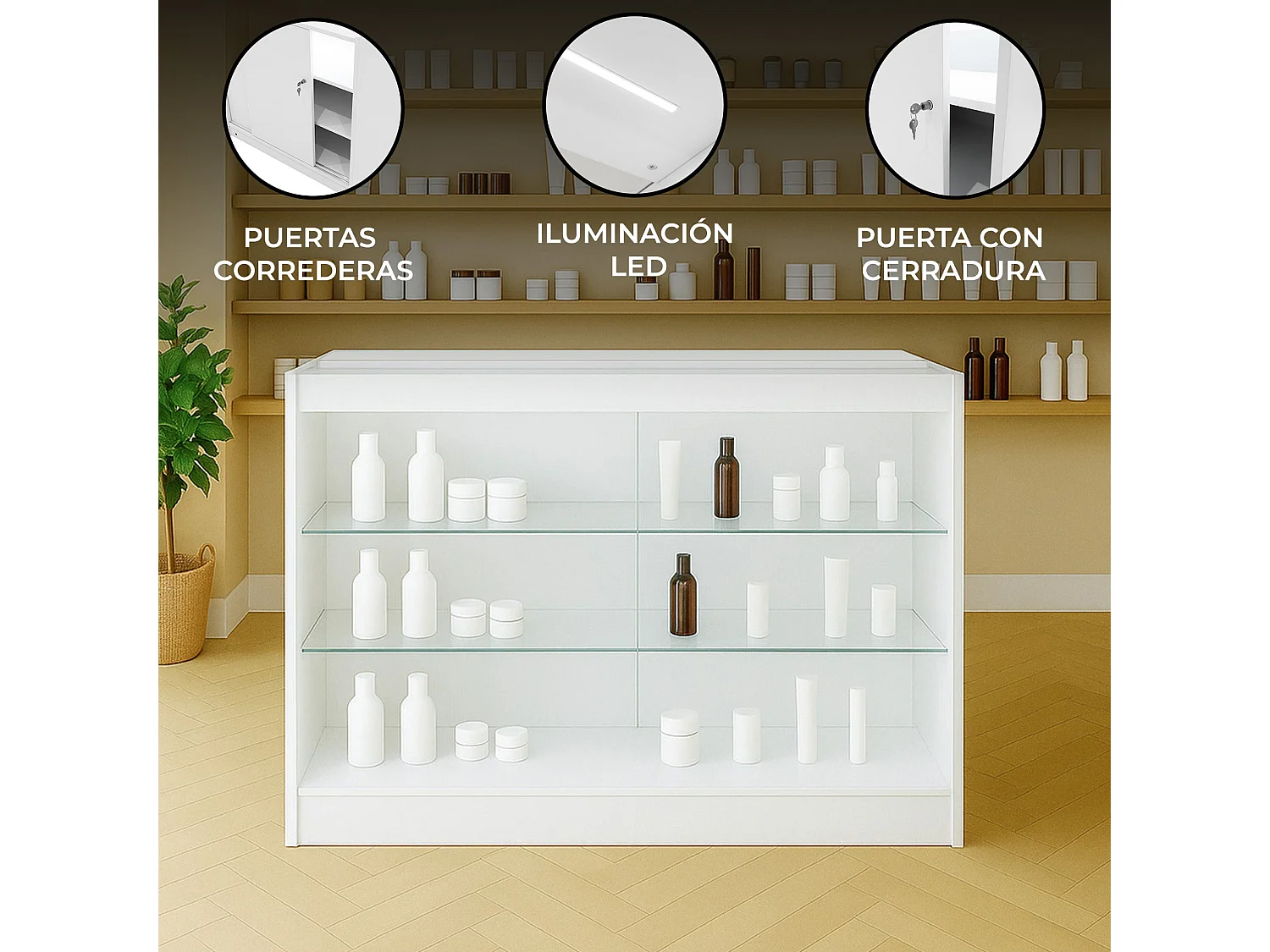 Comptoir de Vente Blanc LED Intégrés K1200 Portes Coulissantes [2 Clés INCLUS]