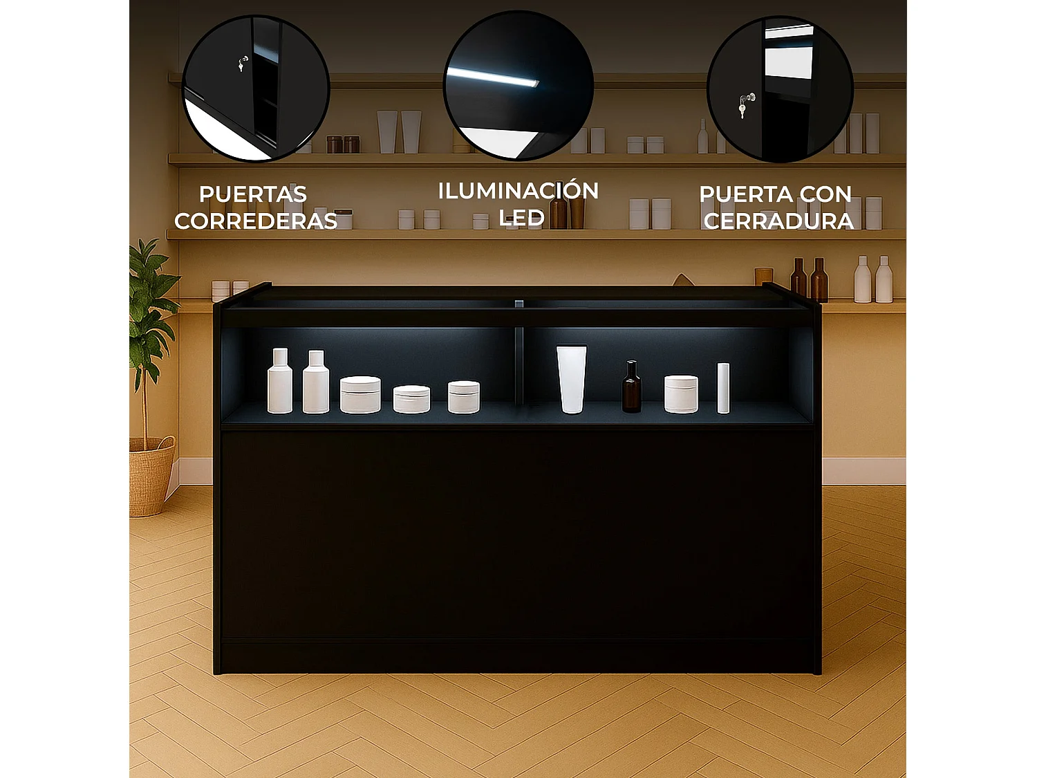 Comptoir de Vente Noir LED Intégrés B1500 Portes Coulissantes [2 Clés INCLUS]