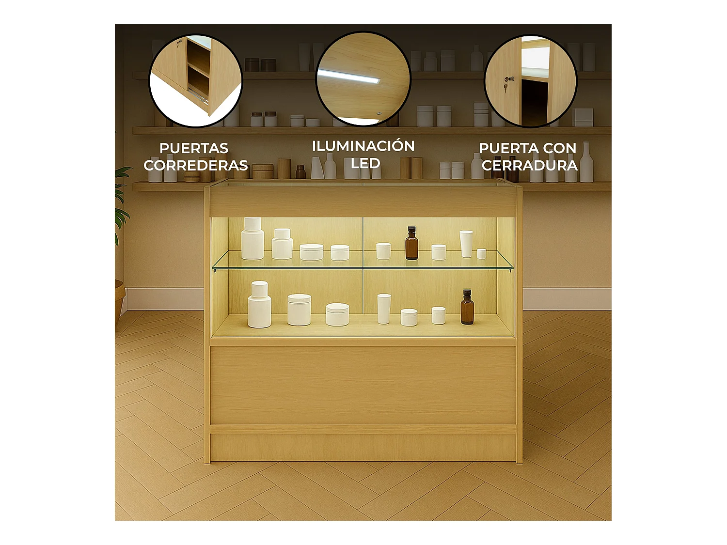 Comptoir de Vente en Érable LED Intégrés C900 Portes Coulissantes [2 Clés INCLUS]