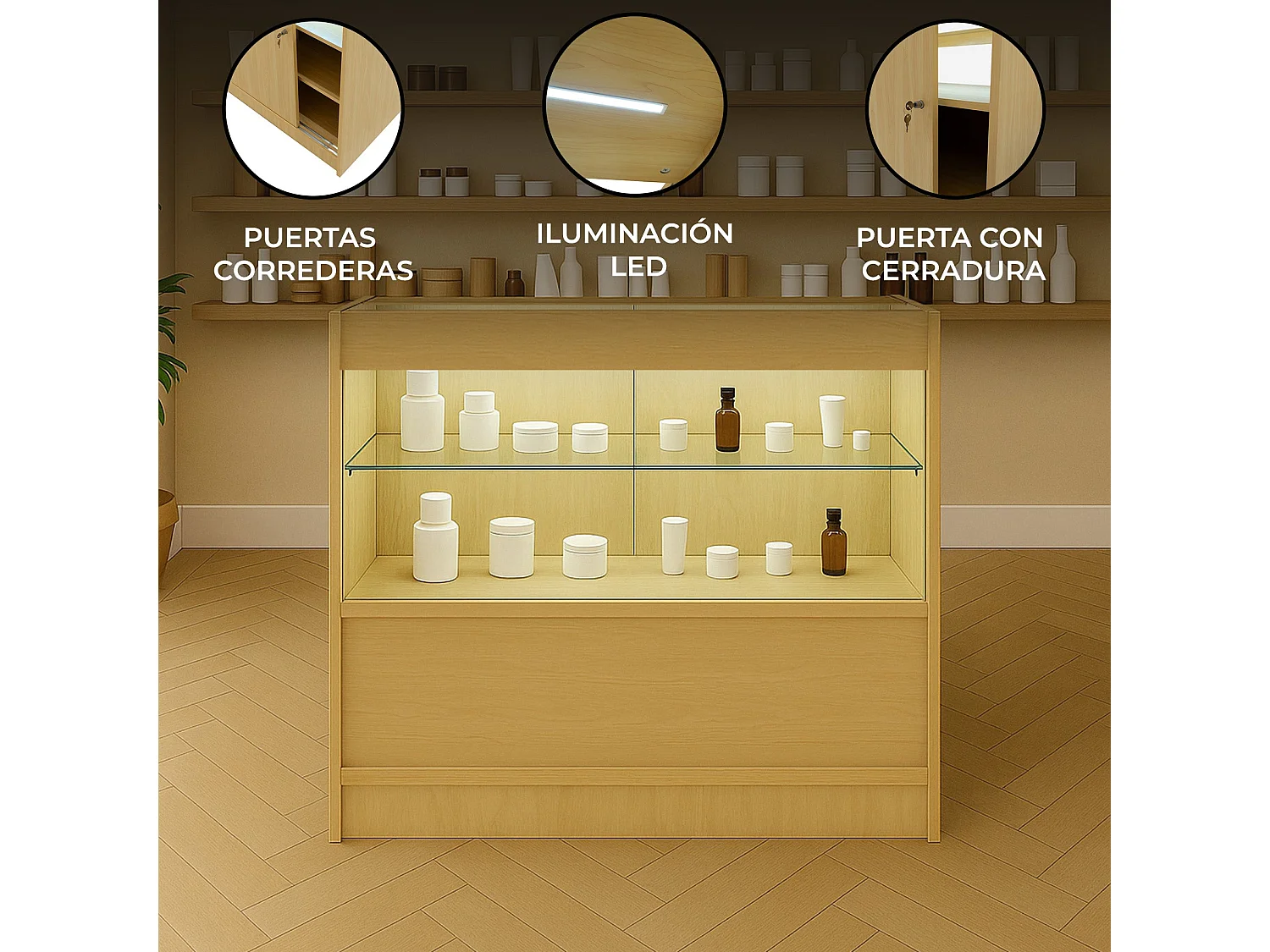 Comptoir de Vente en Érable LED Intégrés C900 Portes Coulissantes [2 Clés INCLUS]