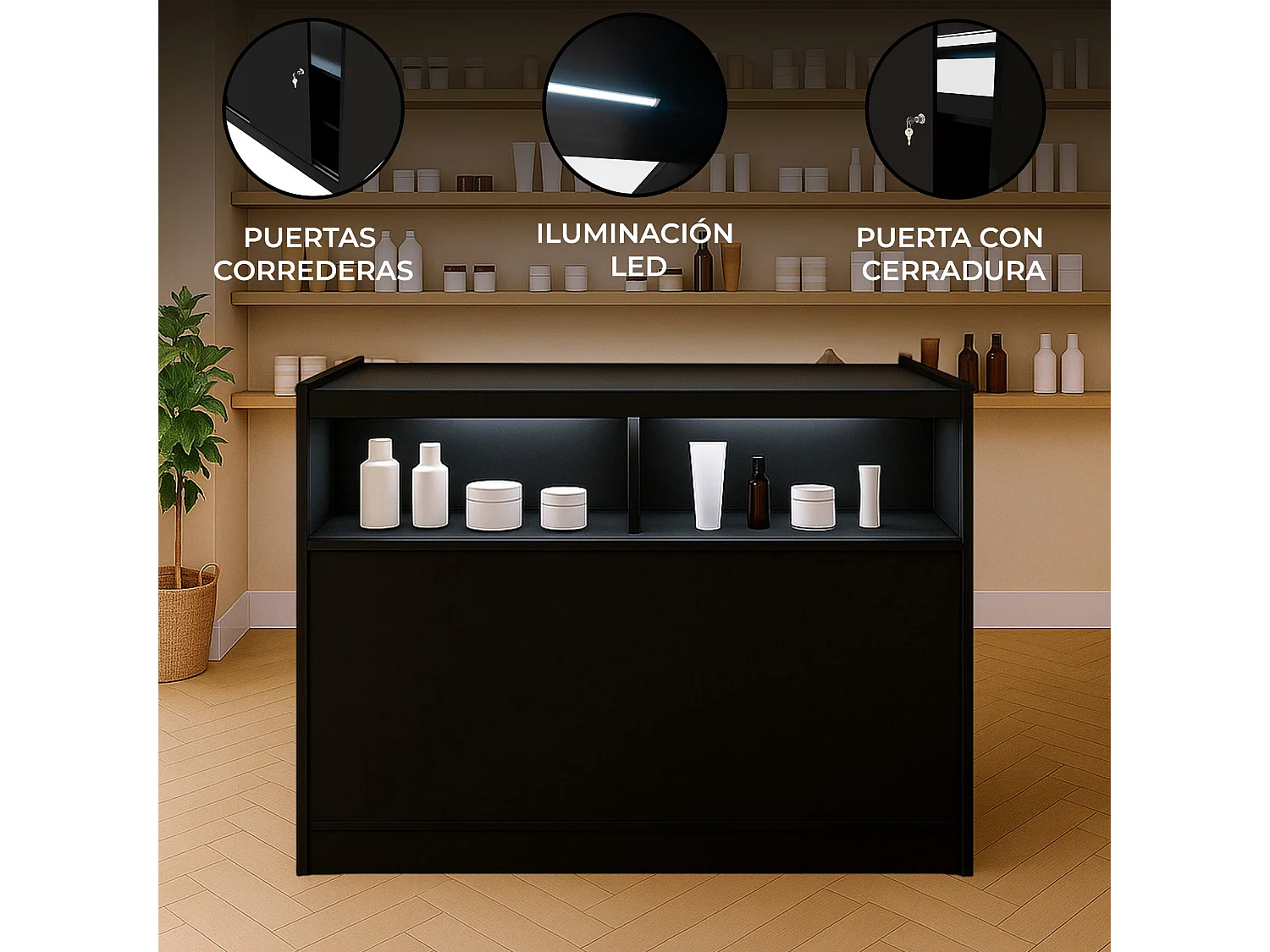 Comptoir de Vente en Noir LED Intégrés B1200 Portes Coulissantes [2 Clés INCLUS]