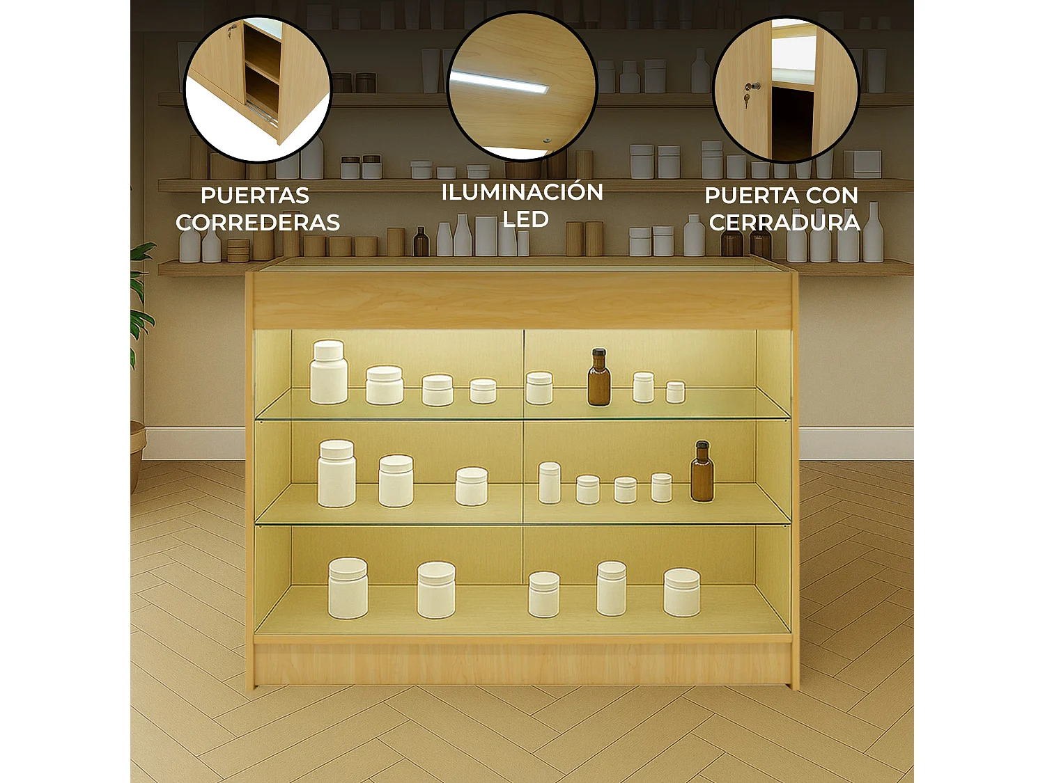 Comptoir de Vente Érable LED Intégrés K1200 Portes Coulissantes [2 Clés INCLUS]