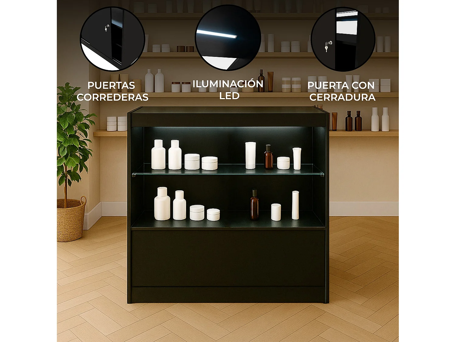 Comptoir de Vente en Noir LED Intégrés C900 Portes Coulissantes [2 Clés INCLUS]