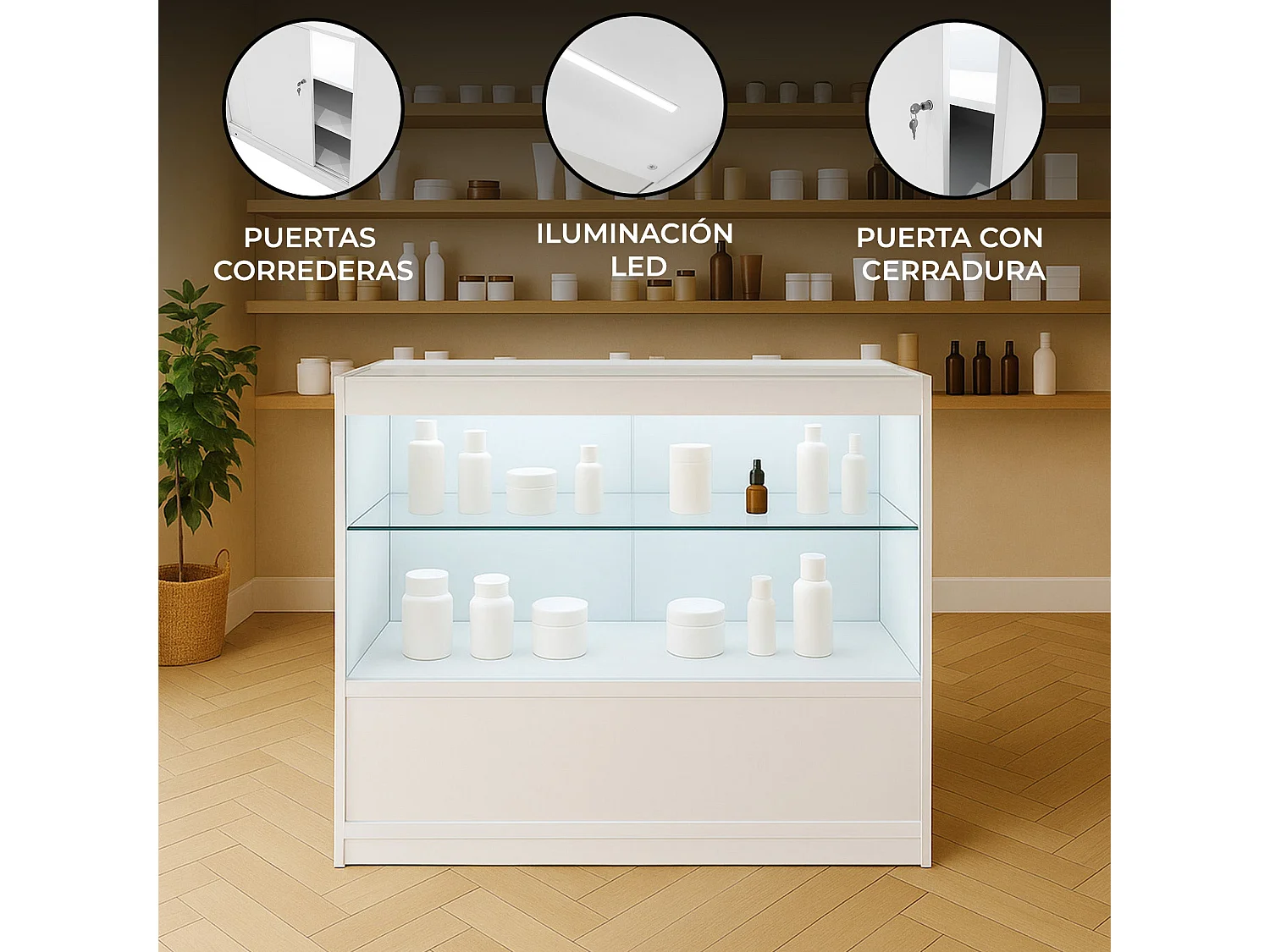 Comptoir de Vente en Blanc LED Intégrés C900 Portes Coulissantes [2 Clés INCLUS]