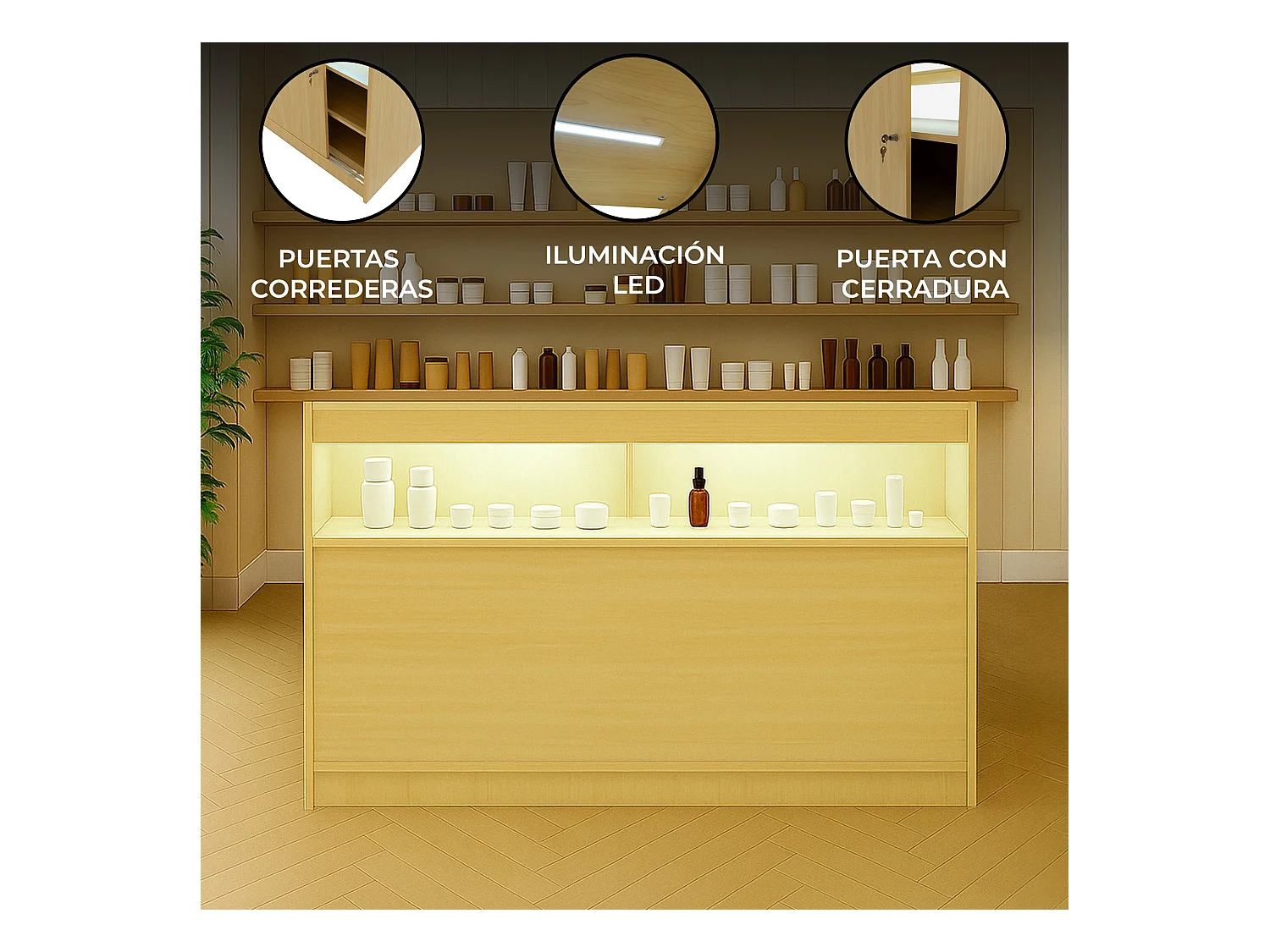 Comptoir de Vente Érable LED Intégrés B1500 Portes Coulissantes [2 Clés INCLUS]