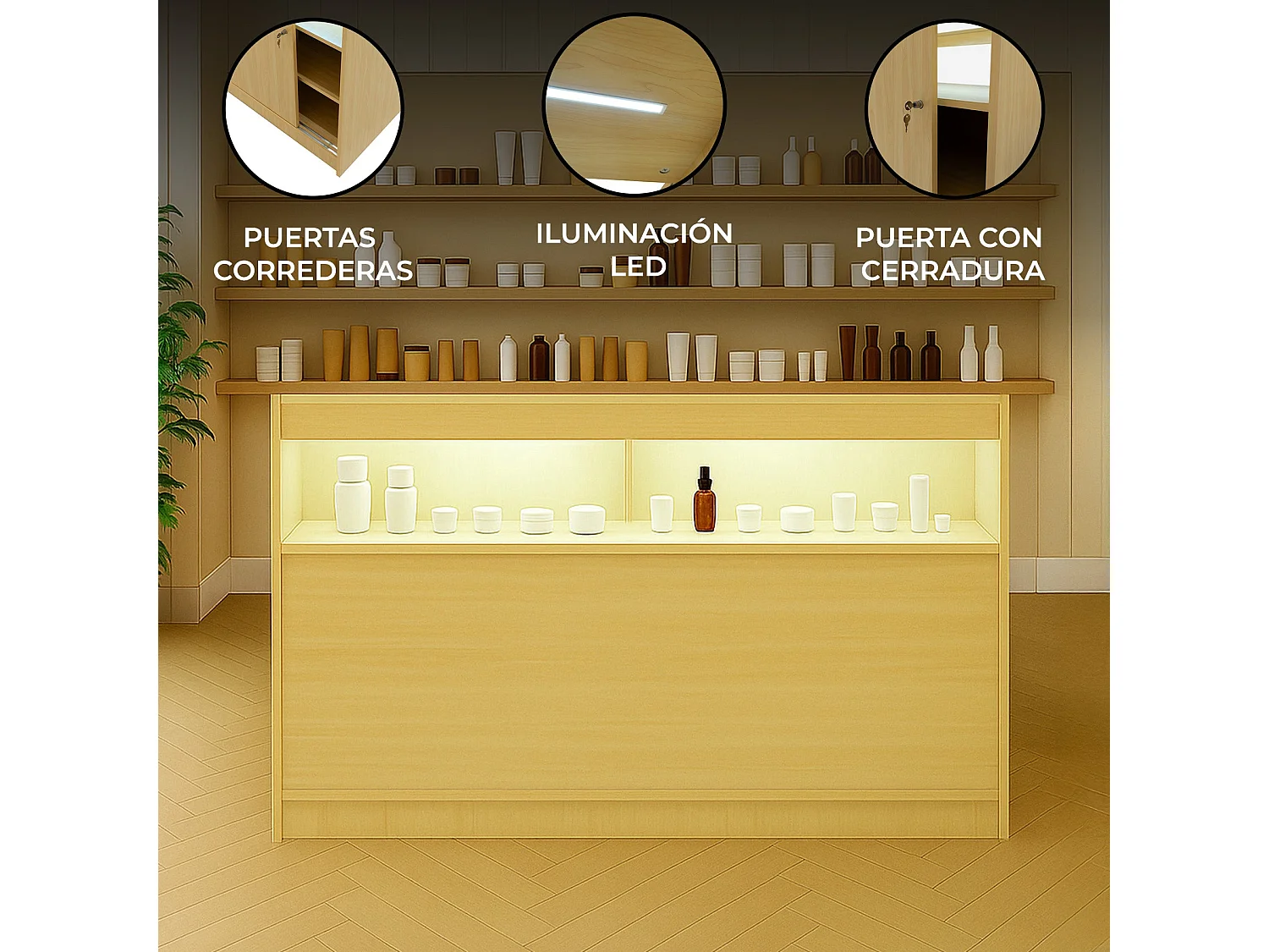 Comptoir de Vente Érable LED Intégrés B1500 Portes Coulissantes [2 Clés INCLUS]