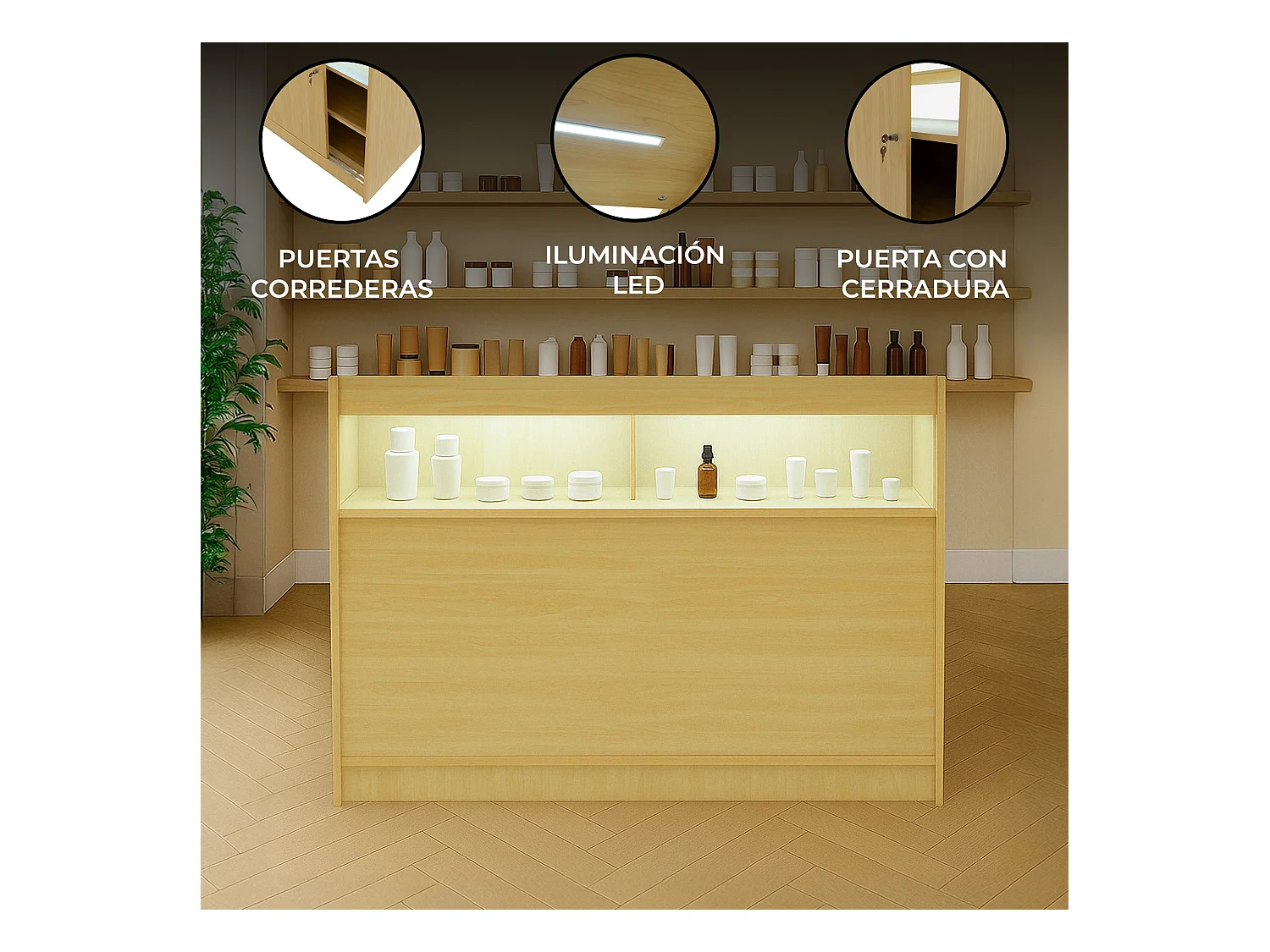 Comptoir de Vente Érable LED Intégrés B1200 Portes Coulissantes [2 Clés INCLUS]