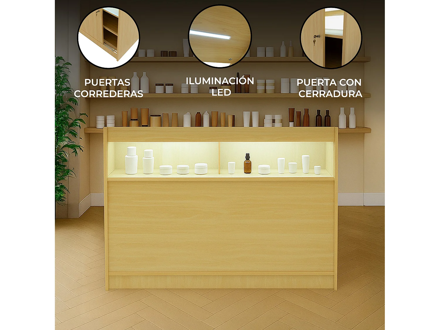 Comptoir de Vente Érable LED Intégrés B1200 Portes Coulissantes [2 Clés INCLUS]