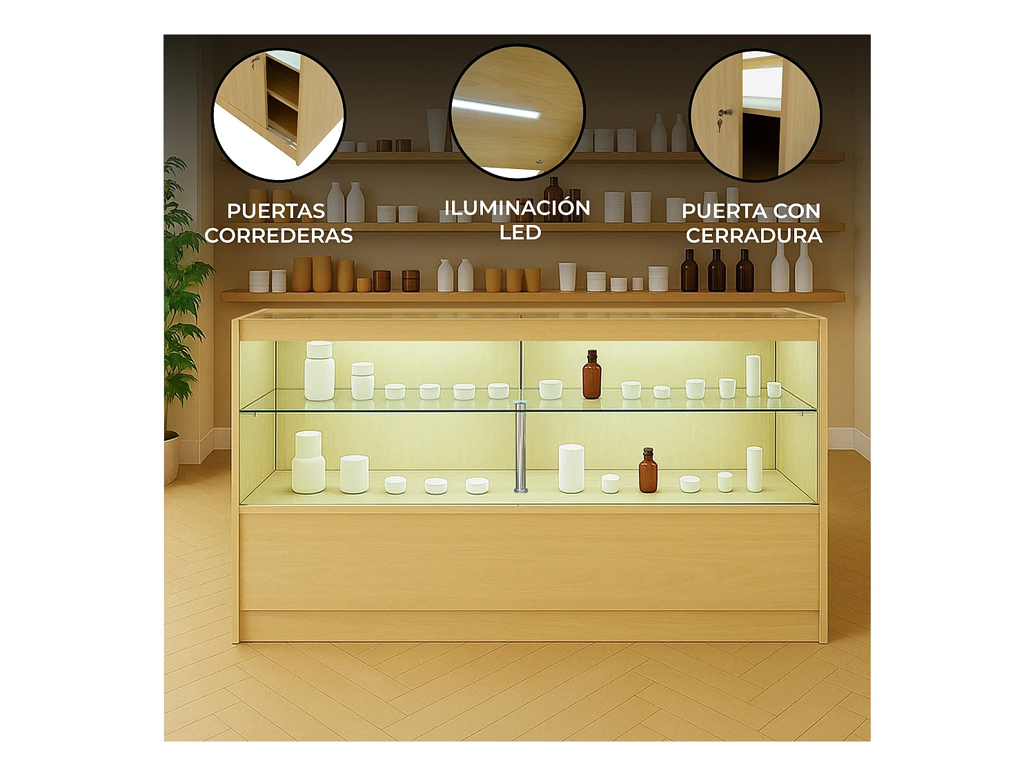 Comptoir de Vente Érable LED Intégrés C1500 Portes Coulissantes [2 Clés INCLUS]