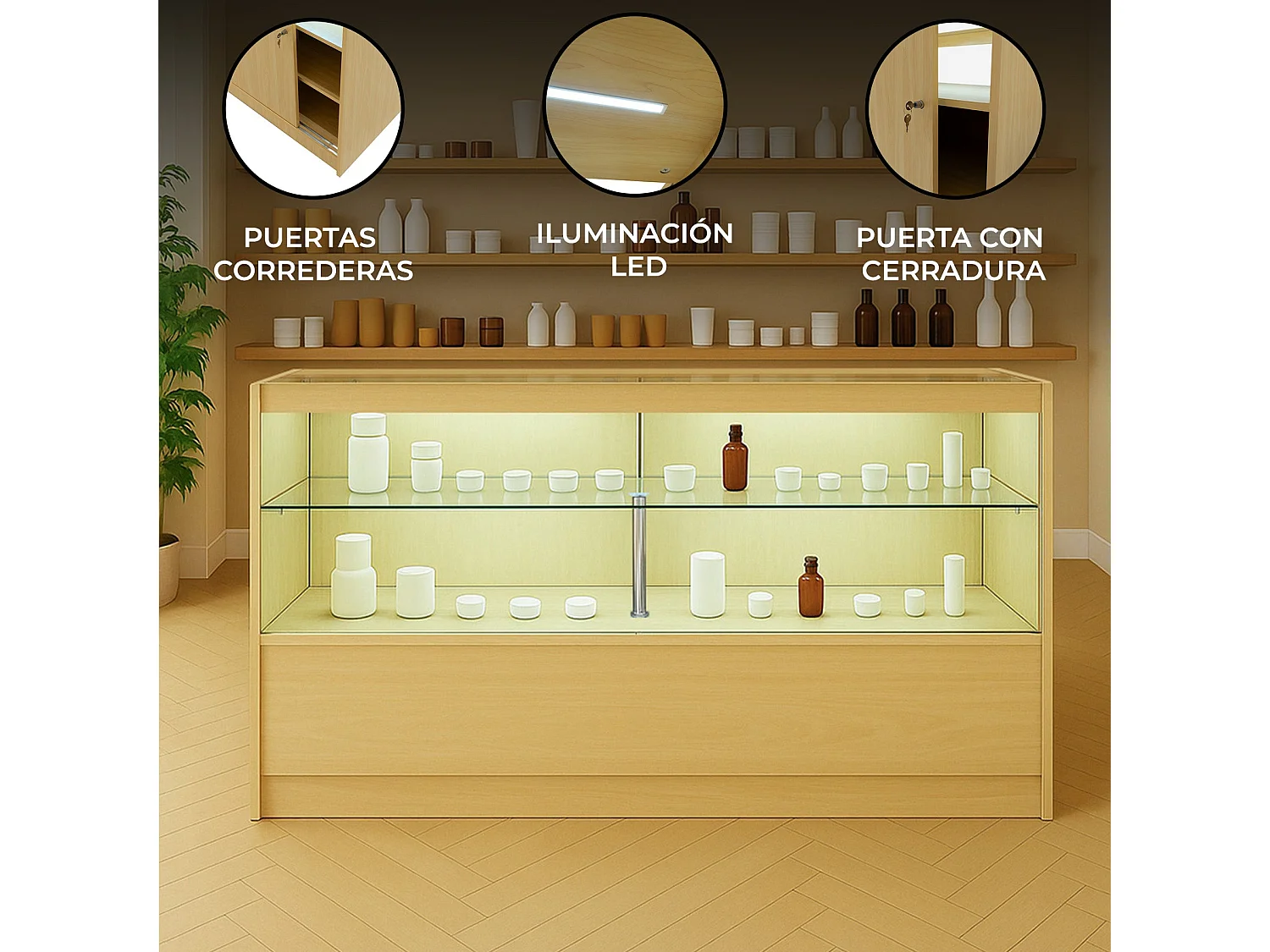 Comptoir de Vente Érable LED Intégrés C1500 Portes Coulissantes [2 Clés INCLUS]