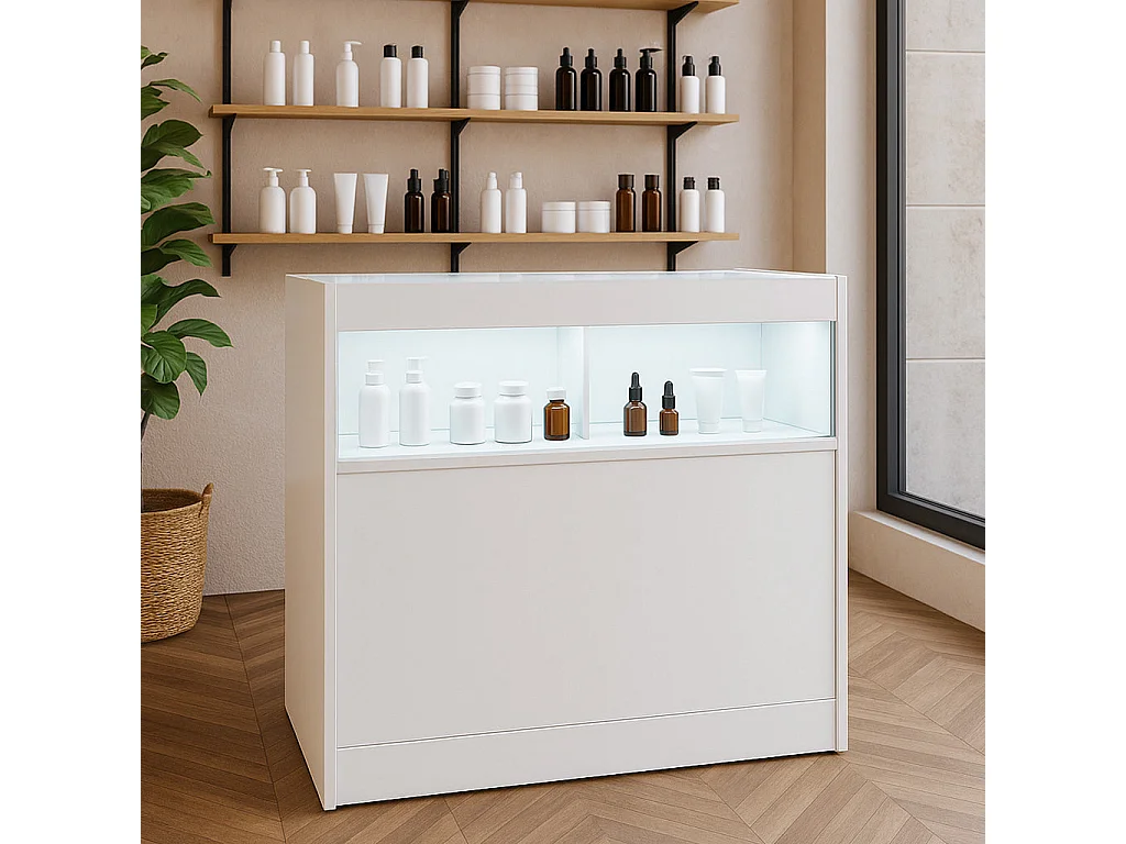 Bancone LED Bianco B900 con Vetrina, Ante Scorrevoli e Ripiani – Bloccabile