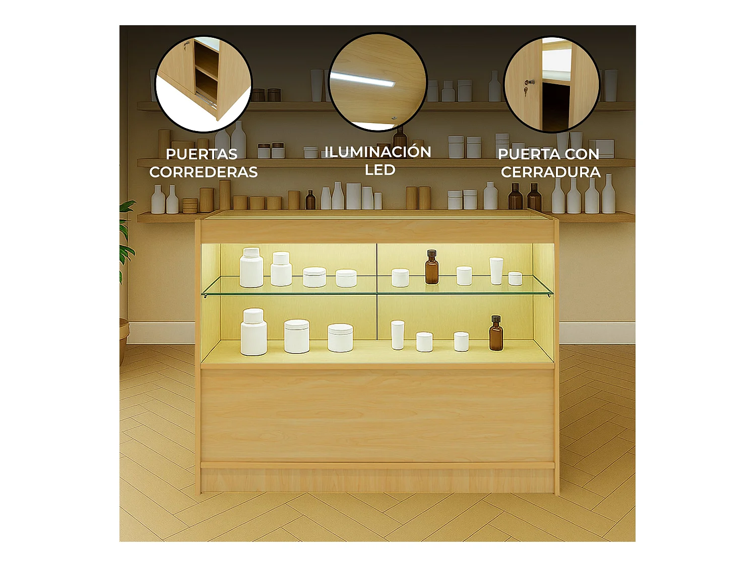 Comptoir de Vente Érable LED Intégrés C1200 Portes Coulissantes [2 Clés INCLUS]